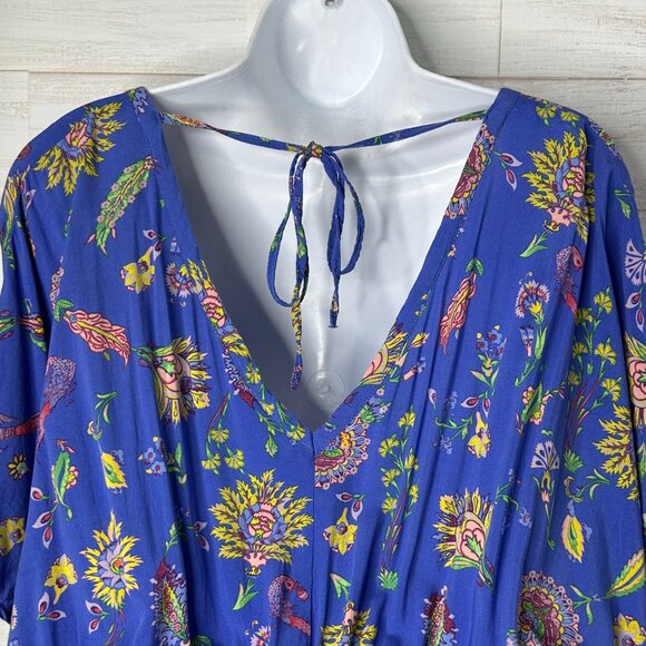 Gap Blue Floral Kimono Style Drape Maxi Dress V Neck Gathered Waist Size Medium - Picture 6 of 10